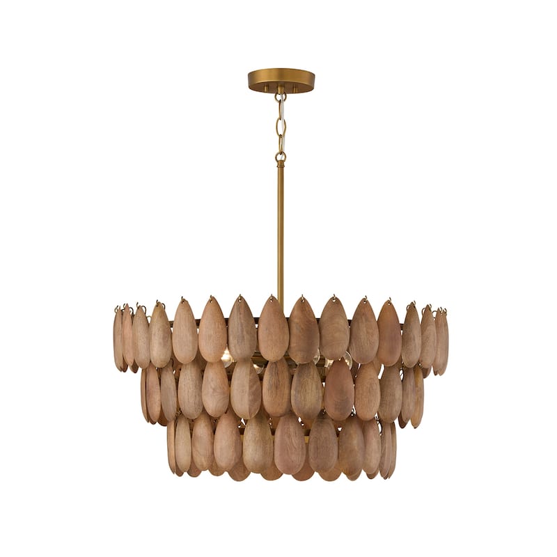 4-Light Pendant in Hand-distressed Patinaed Brass and Handcrafted Mango Wood - 25"W x 13.5"H
