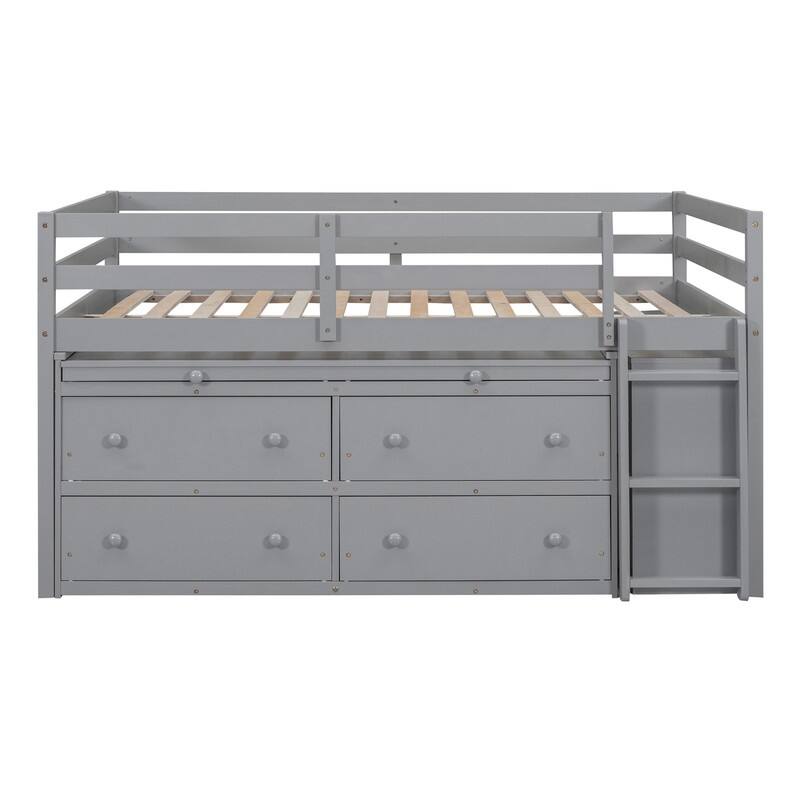 Twin/Full Size Low Loft Bed with Retractable Writing Desk and 4 Drawers, Wooden Loft Bedframe w/ Lateral Portable Desk & Shelves