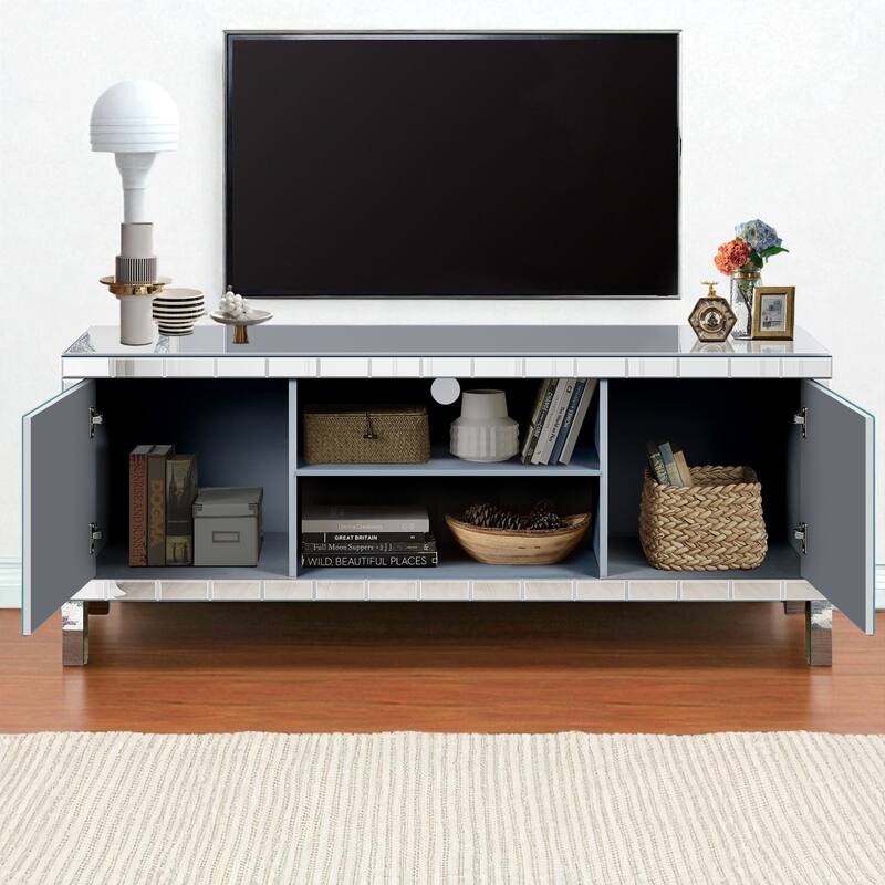 Mirrored TV Stand for 65+ Inch TVs, Silver Console Table with M-Shape Sparkling Mirror Doors & Storage Cabinets