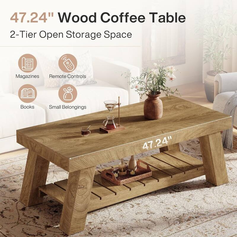 2-Tier Farmhouse Wood Rectangular Coffee Table, Rectangular Center Tables for Living Room, Apartment, Home