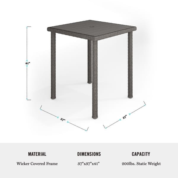 dimension image slide 0 of 5, Martha Stewart 5-Piece Outdoor Rattan Wicker Patio Set with 4 Bar Stools, Bar Height Table - 19"W x 22.5"D x 46"H