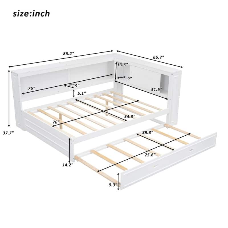Full Size Wood Daybed with Storage Shelves, USB, LED Lights, and Trundle