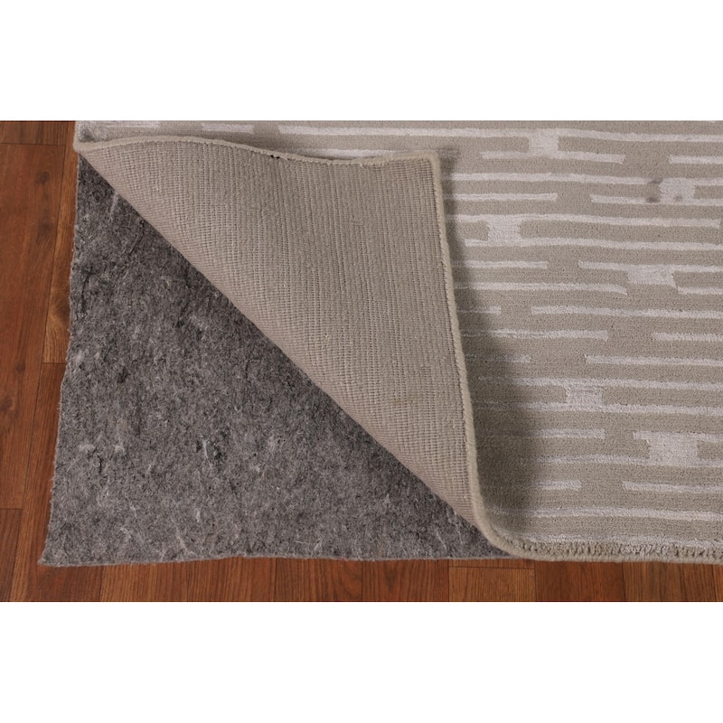 Beige Striped Nepalese Oriental Area Rug Hand-Knotted Wool Carpet - 5'10" x 8'8"