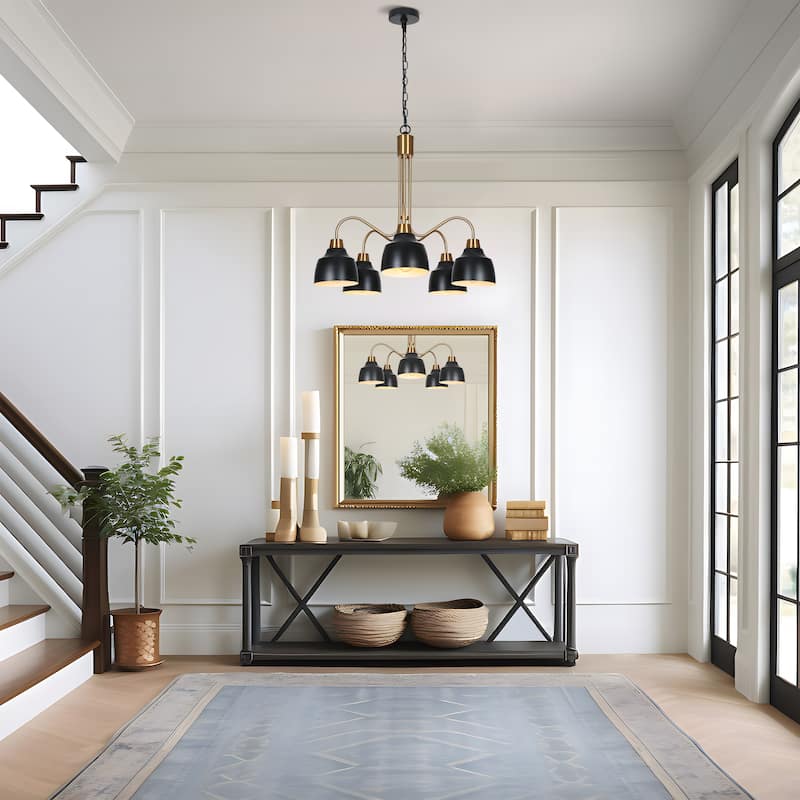 Mid-century Modern 5-Light Wheel Chandelier Black Gold Pendant for Dining Room Bedroom - Dia. 25.2" x H 22.4"