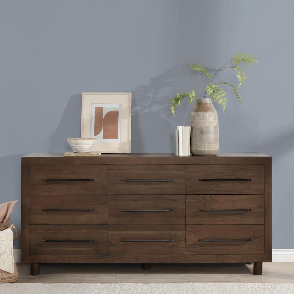 Classic Home Jaxon Nine-Drawer Acacia Wood Dresser in Cocoa Brown