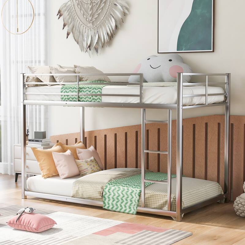 Twin over Twin Low Metal Bunk Bed with Ladder, Silver - Silver
