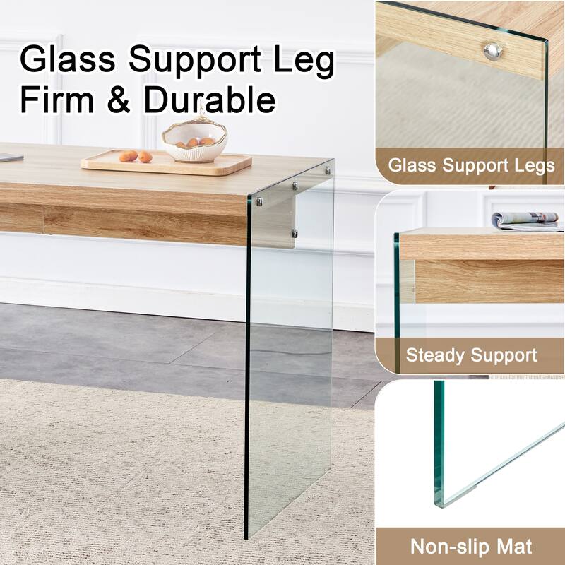 Roomfitters 5pcs Wood Texture MDF Coffee Table Set with Tempered Glass Legs and Transparent Chairs, Transparent