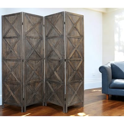 HomeRoots 79" Brown Solid Wood Folding Four Panel Screen Room Divider - 79' X '79' X '1