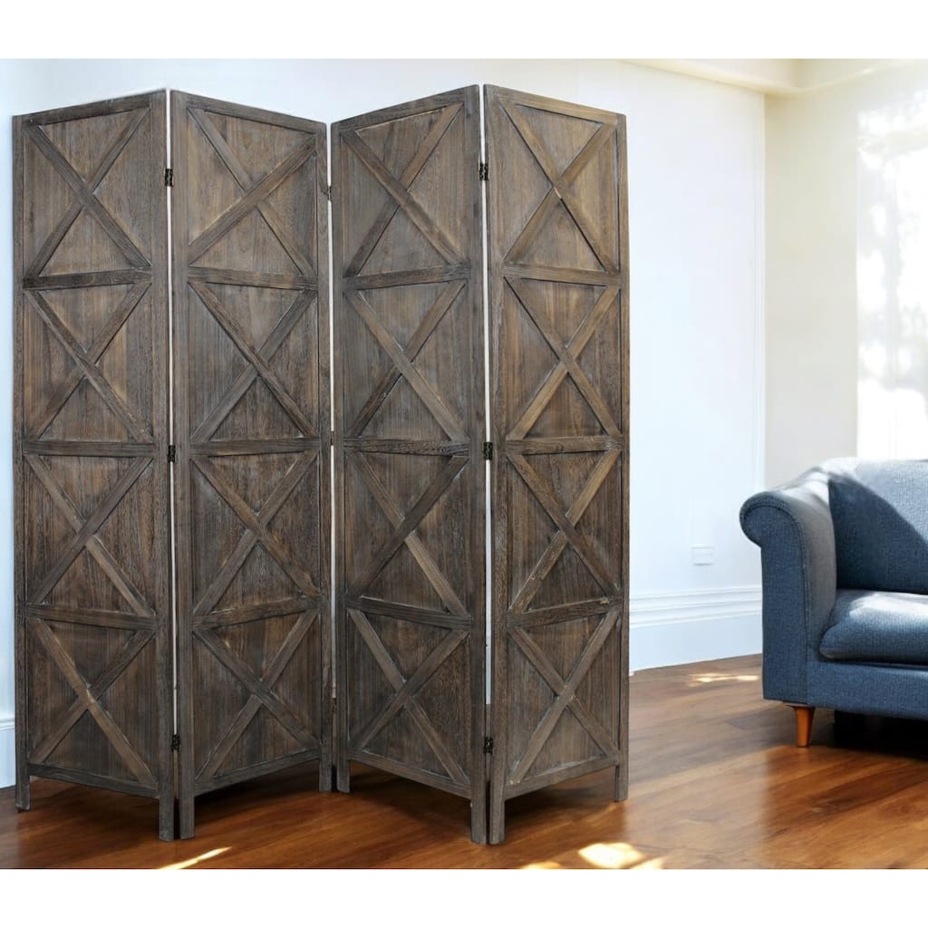 HomeRoots 79" Brown Solid Wood Folding Four Panel Screen Room Divider - 79' X '79' X '1