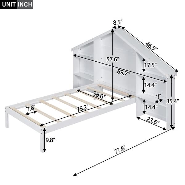 dimension image slide 3 of 4, Wood Platform Bed with House-shaped Storage Headboard and Built-in LED