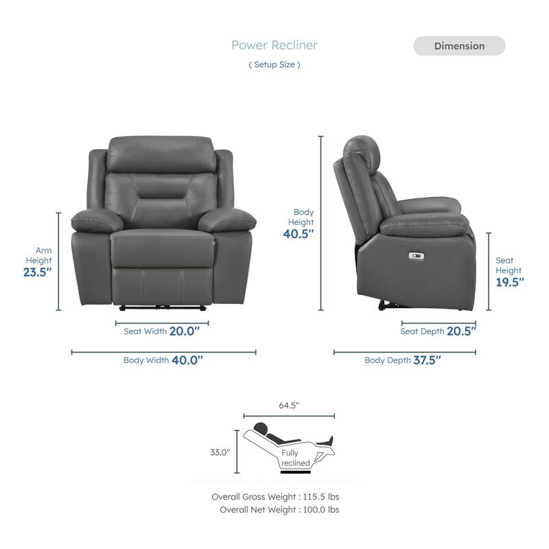 Garrey 40" Power Recliner - Tab Pull Motion, Removable Seat Back