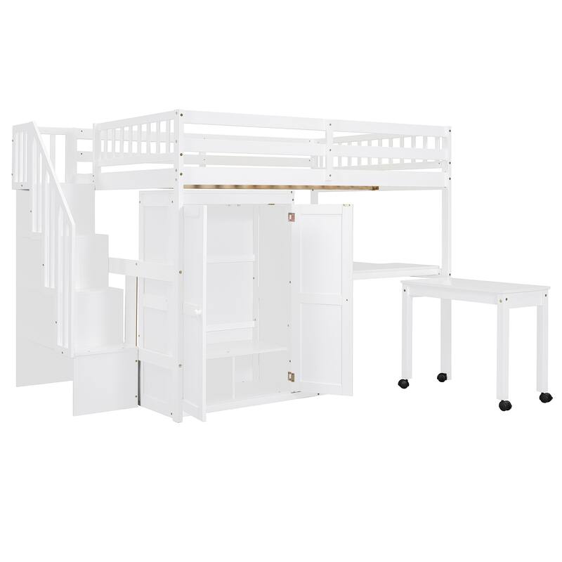 Multifunctional Full Size Loft Bed with Stairs, Bookshelf, Drawers, Desk & Wardrobe - White
