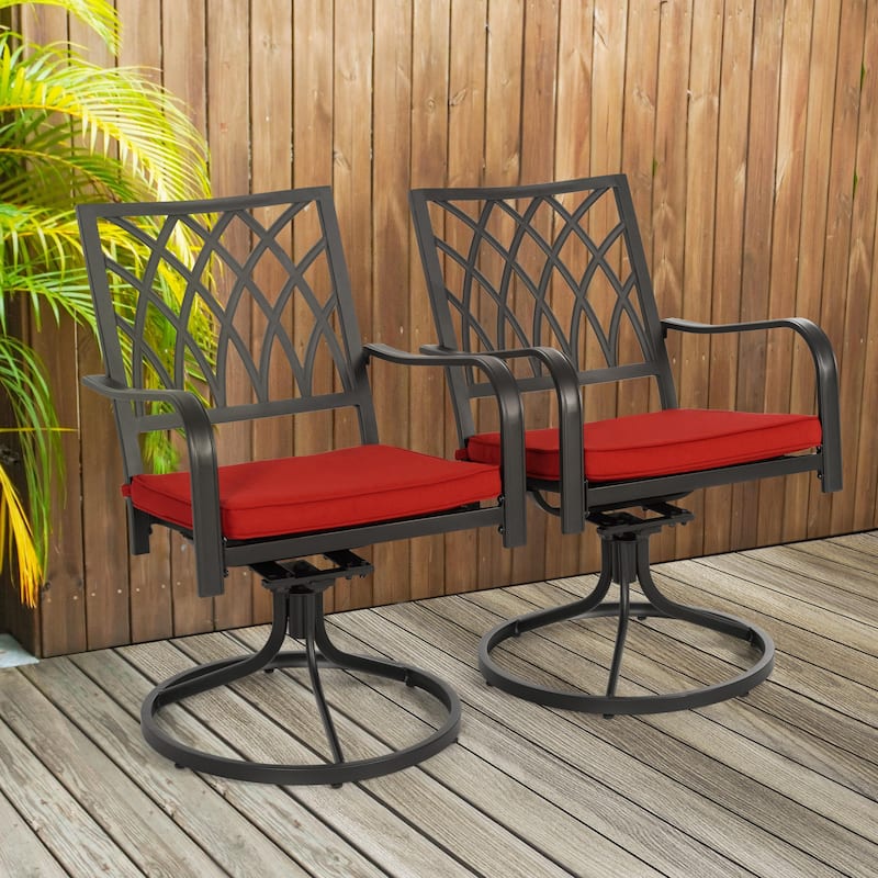 Patio 2-Piece Dining Chairs, Outdoor Swivel Chairs with Red Cushions - Black