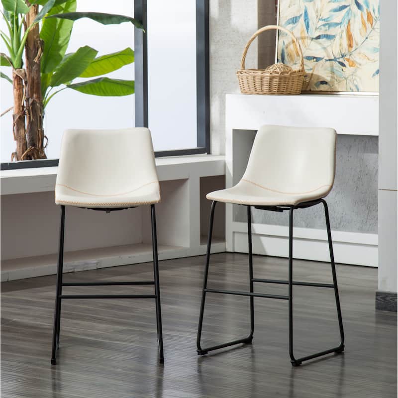 Modern PU Leather Barstools Set of 2, Metal Frame Counter Height Bar Stools with Footrest for Bar, Kitchen Island, Dining Room - White