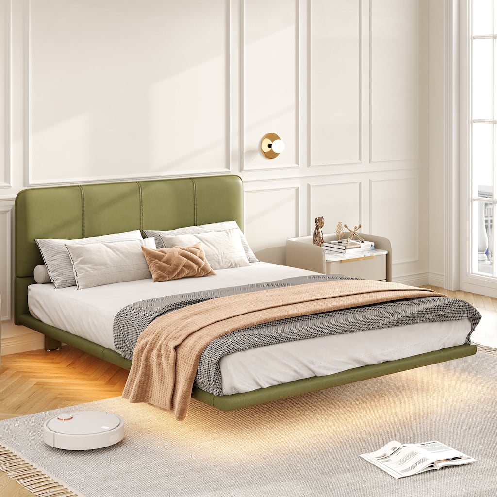 Modern Floating Bed Frame with LED Lights, PU Leather Platform Bed, Full Size, Easy Assembly, No Boxing Spring Needed