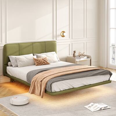 Roomfitters Size Floating Platform Bed Frame with Upholstered Headboard, Modern Faux Leather Bed with Underbed Light