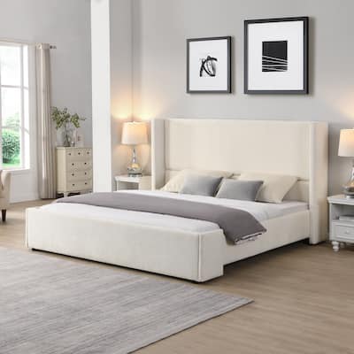 Christopher Knight Home - Isabella King White Fabric Upholstered Bed with Tall Wingback Headboard
