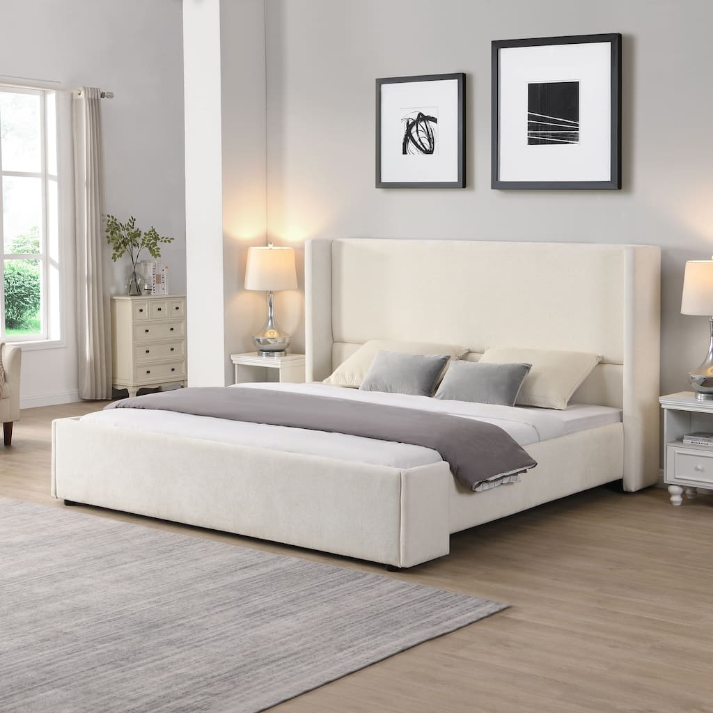 Roomfitters King Wingback Upholstered Bed with Tall Headboard, White Fabric, Modern Design