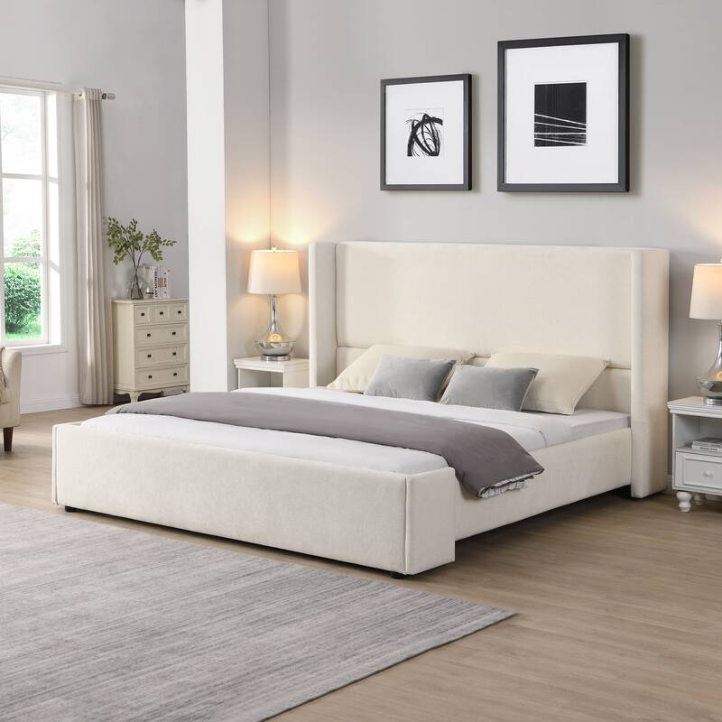 White Upholstered Platform Bed Frame with 49.6" Tall Wingback Headboard for Bedroom, Wood Slats Support, No Box Spring Needed