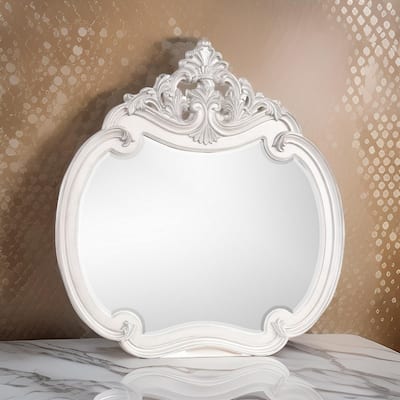 Hailey 48 x 49 Buffet Mirror, Round Wood Frame, Carved Crown Top, Mist Gray