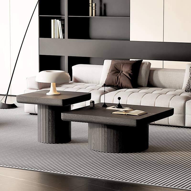 Modern Wood Coffee Table with Cylindrical & Fluted Pedestal - Black(Set of 2)