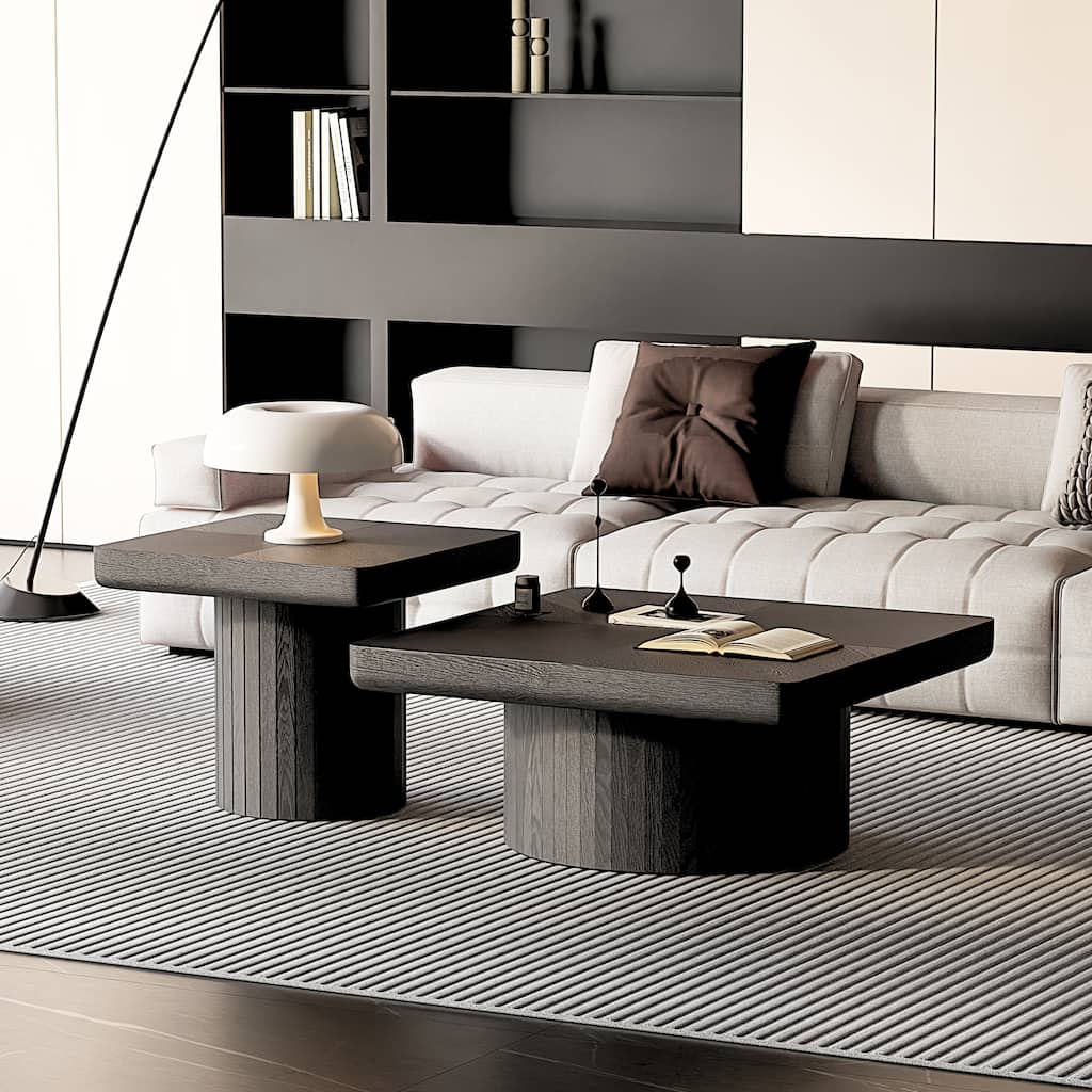 Modern Wood Coffee Table with Cylindrical & Fluted Pedestal