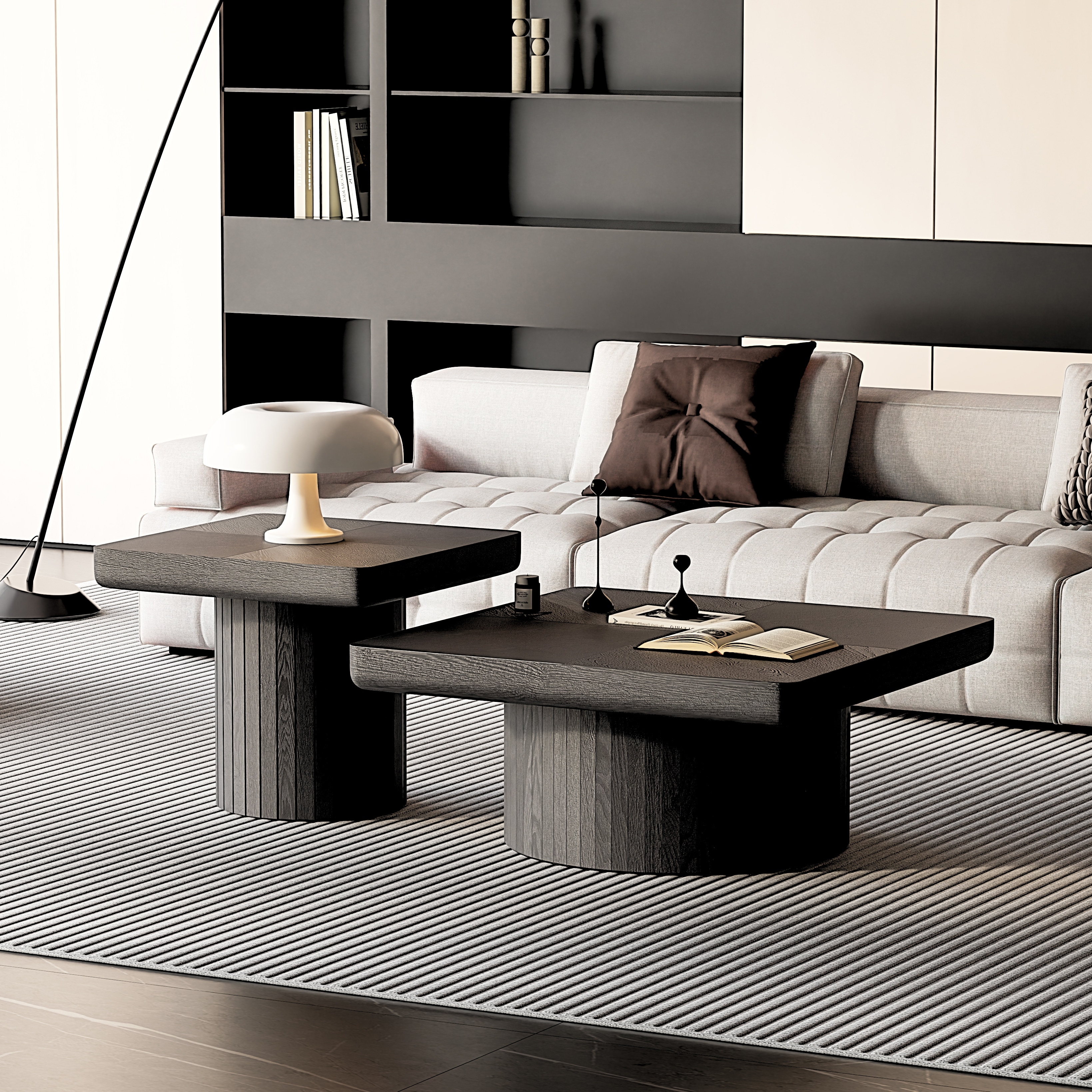 Modern Wood Coffee Table with Cylindrical & Fluted Pedestal