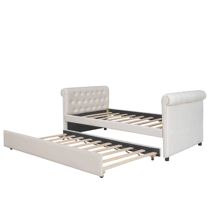Beige Upholstered Twin Size Daybed Sofa Bed with Trundle, Fabric and Wood Frame Wood Slat Support
