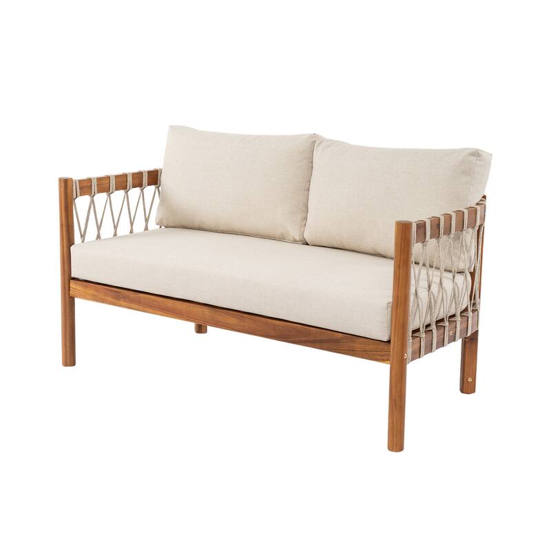 Scott Living Coastal Haven 4-Piece Outdoor Seating Set with Coffee Table Aacia Wood with Beige Cushions