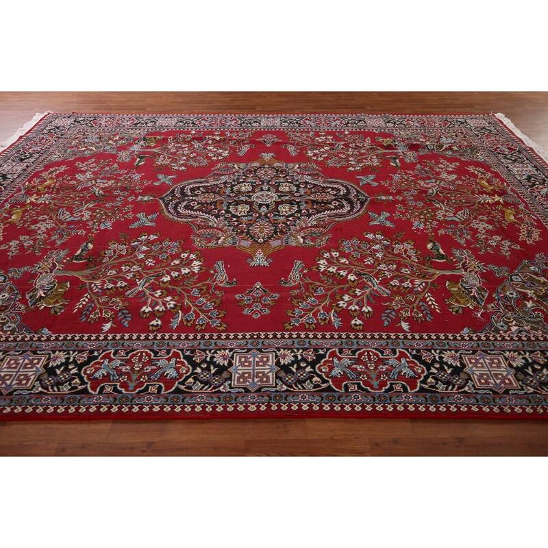Animals Red Floral Kashan Turkish Area Rug Machine-Made Carpet - 9'7" x 12'8"