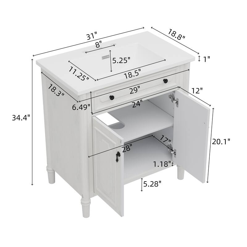31" Vintage Bathroom Vanity with Sink, Rustic Bathroom Cabinet with Soft Close Doors and Adjustable Shelf
