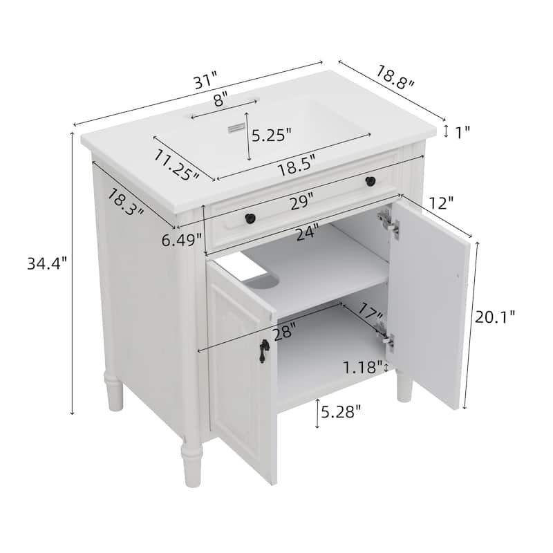 Roomfitters 31" Vintage Bathroom Vanity with Sink, Rustic Cabinet with Soft-Close Doors, Adjustable Shelf and Curved Design