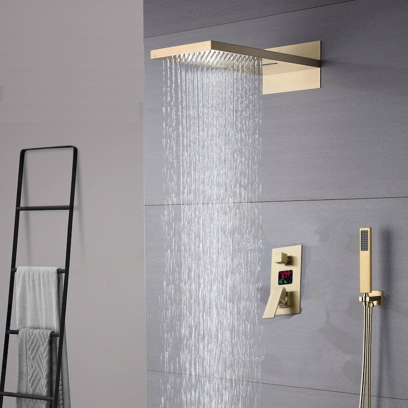 brushd gold 22 inch rainfall waterfall 3 way digital display shower system - 7'6" x 10'9"