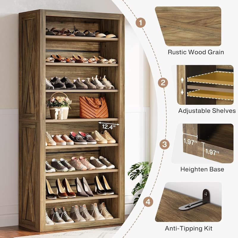 71Inches Tall Shoe Cabinet, 8-Tier Wood Freestanding Shoe Storage Organizer for 32-36 Pairs