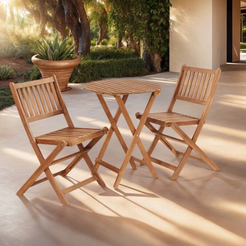 Acacia Wood Bistro Set with 2 Folding Chairs & Round Table, 3-Piece