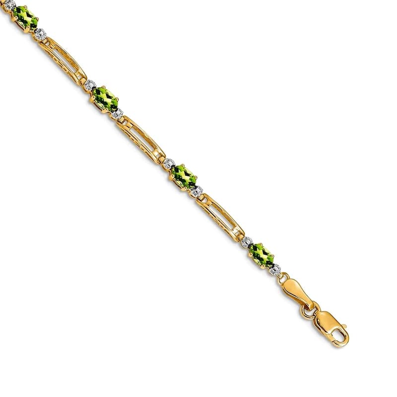 Curata Yellow or White Gold 3.5mm 7" Gemstone and Diamond Bracelet - 10k or 14k - Peridot - 10k - Yellow