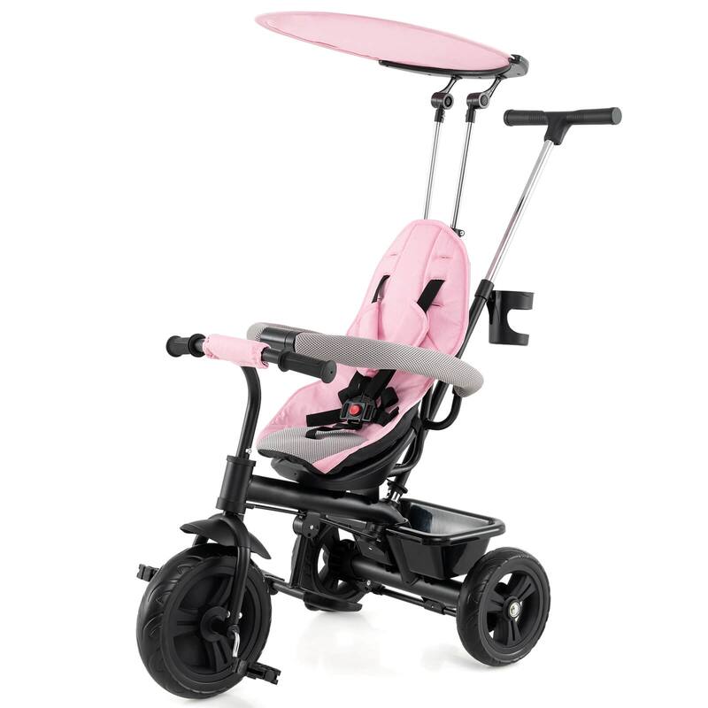 Costway Toddler Tricycle, 7 in 1 Push Trike with Adjustable Canopy - Pink