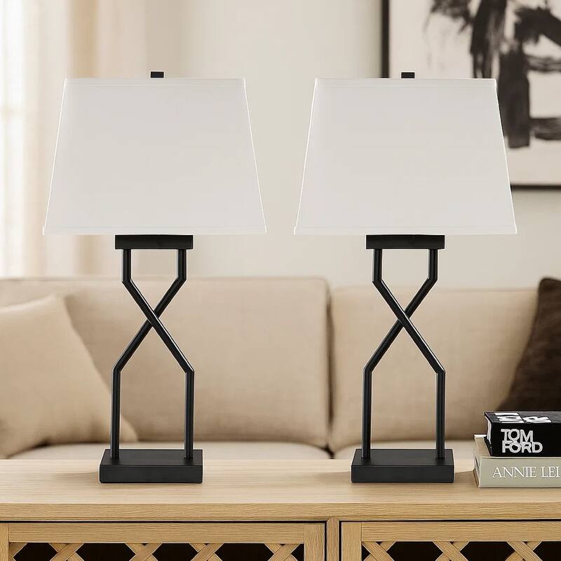 Table Lamp Set of 2, Empire Fabric Shade, Black Geometric Base w USB
