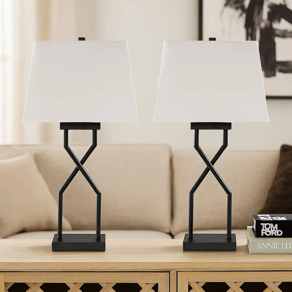 Table Lamp Set of 2, Empire Fabric Shade, Black Geometric Base w USB