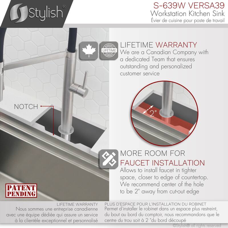 STYLISH 39 inches Workstation Single Bowl Undermount 16 Gauge Stainless Steel Kitchen Sink with Accessories included