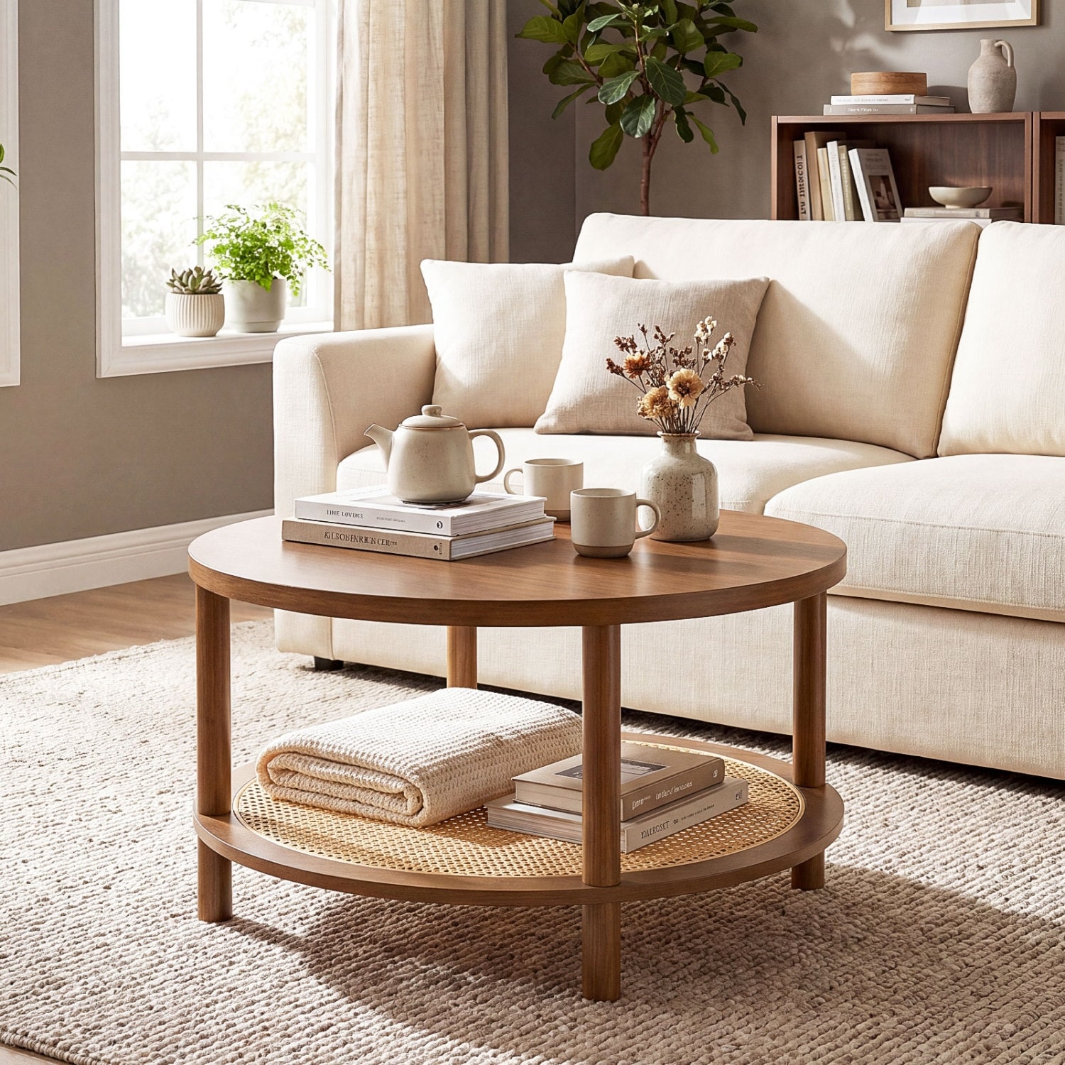 2-Tier Boho Round Rattan Coffee Table with Storage Shelf