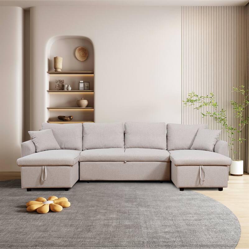 Fashionable U-Shape Pull-out Sleeper Sectional Sofa - Beige