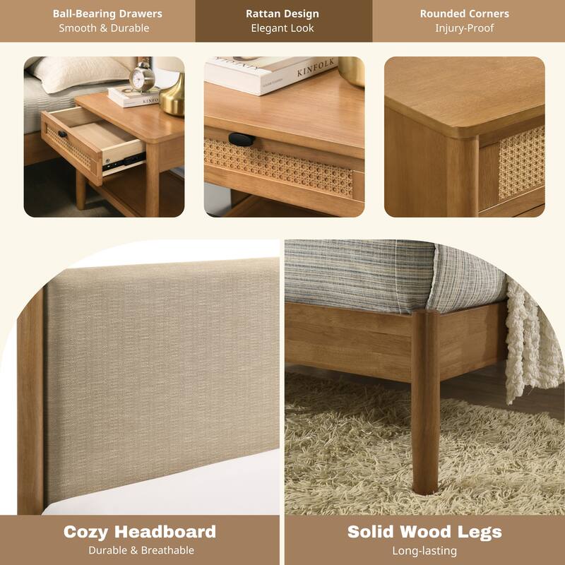 Vichy 4-Piece Rubberwood Bedroom Set with Textured Polyester Upholstered Queen Bed, Dresser, Mirror, and Nightstand
