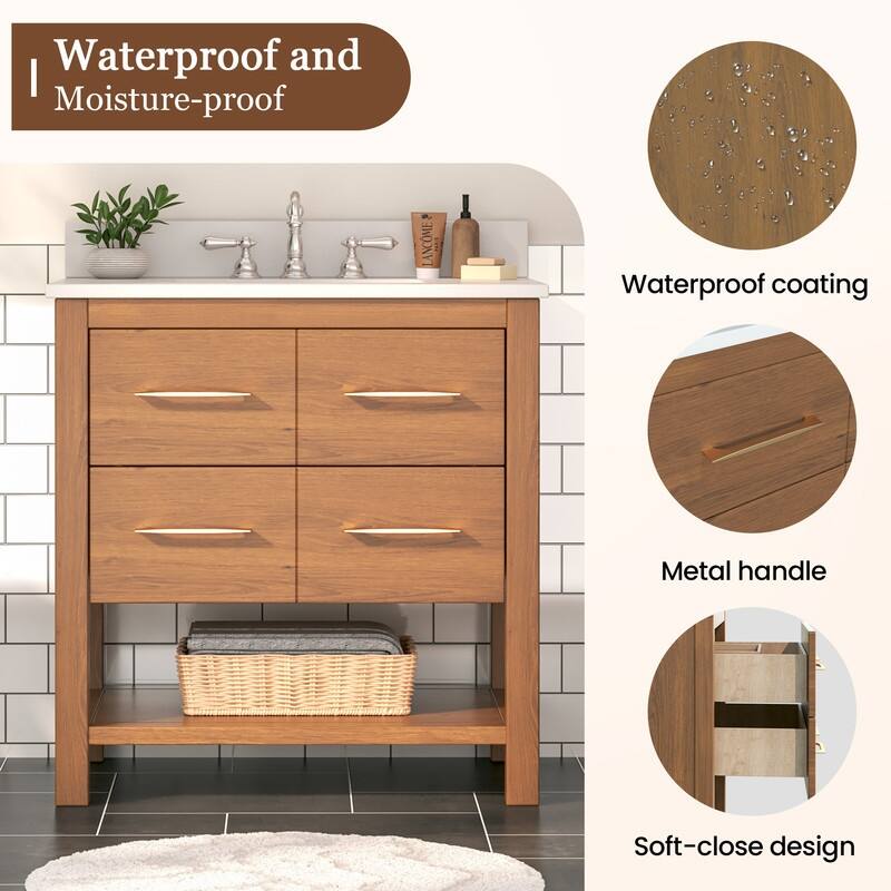 30-Inch Bathroom Vanity with Single Sink – Wood Grain Finish, Space-Saving