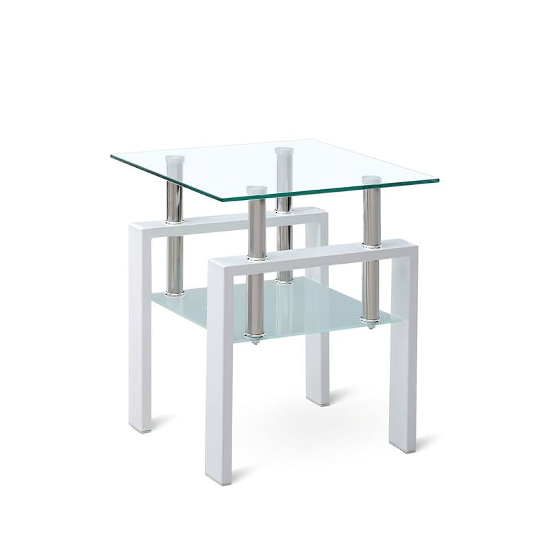 HomeRoots 20" Clear and White Glass and Metal Square End Table With Shelf - 17.71 in. x 20.47 in. x 17.71 in.