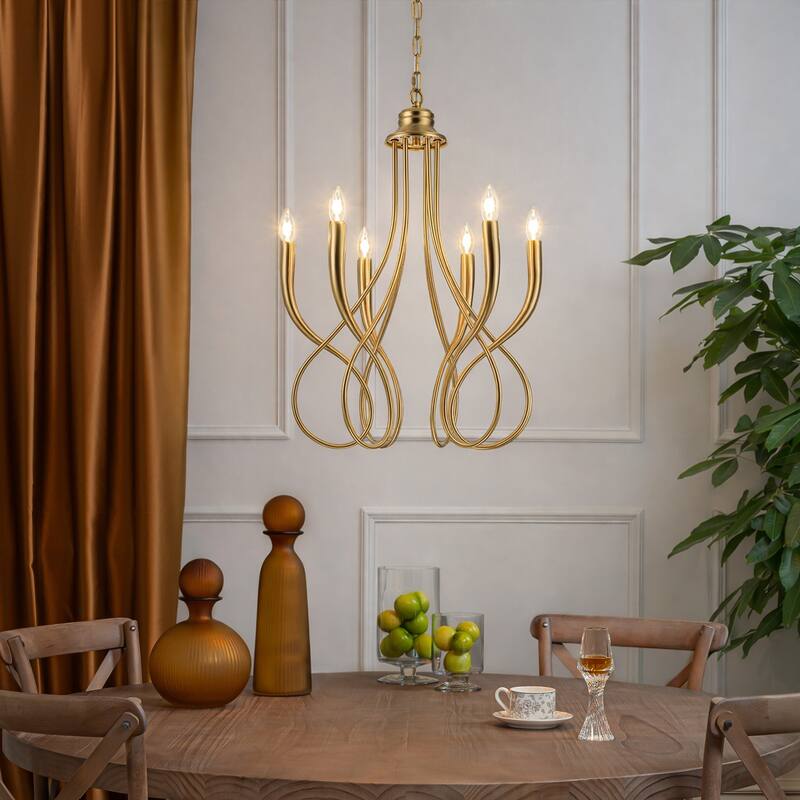 20'' 6-Light Plated Brass Candelabra Chandelier with Curved Arms Mid-Century Modern Pendant Light for Dining Room or Entryway - W20'' - Plated Brass
