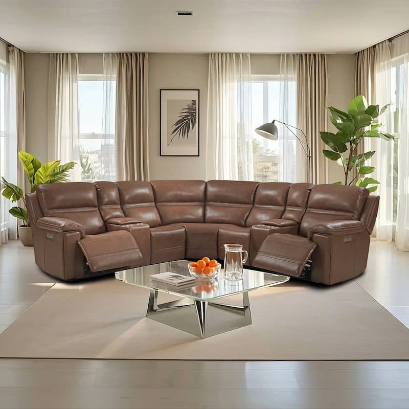 7PCS, 2 power Recliners, Dual-Power Genuine Leather Reclining Sectional with Console, Zero Gravity - Light Brown