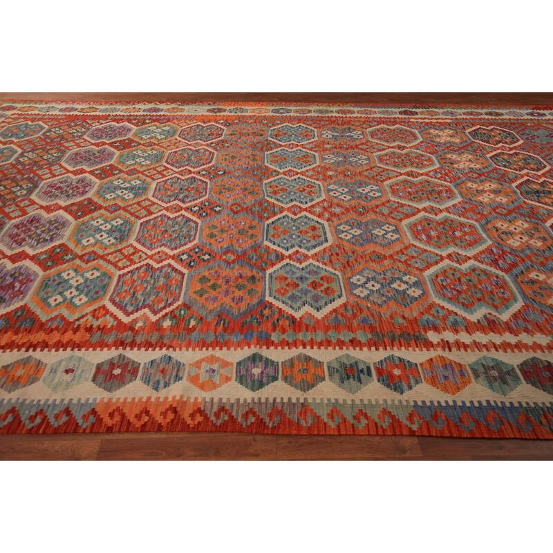 Geometric Kilim Large Rug Hand-Woven Wool Carpet - 10'4" x 16'1"