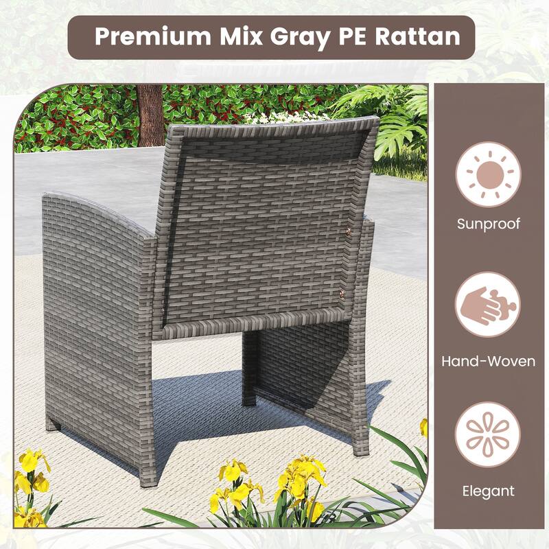 4 Piece Outdoor Patio Furniture Set Mix Gray PE Rattan Loveseat Armchairs and Tempered Glass Coffee Table with Cushions
