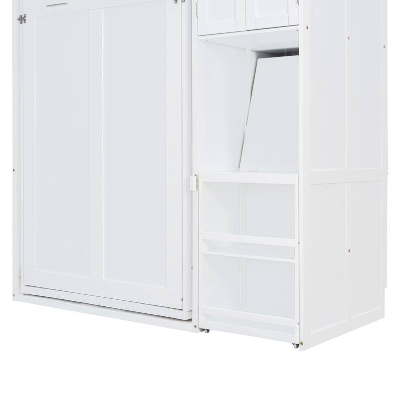 Rotating Twin Size Murphy Bed with Bookshelf, Desk, and Storage in White